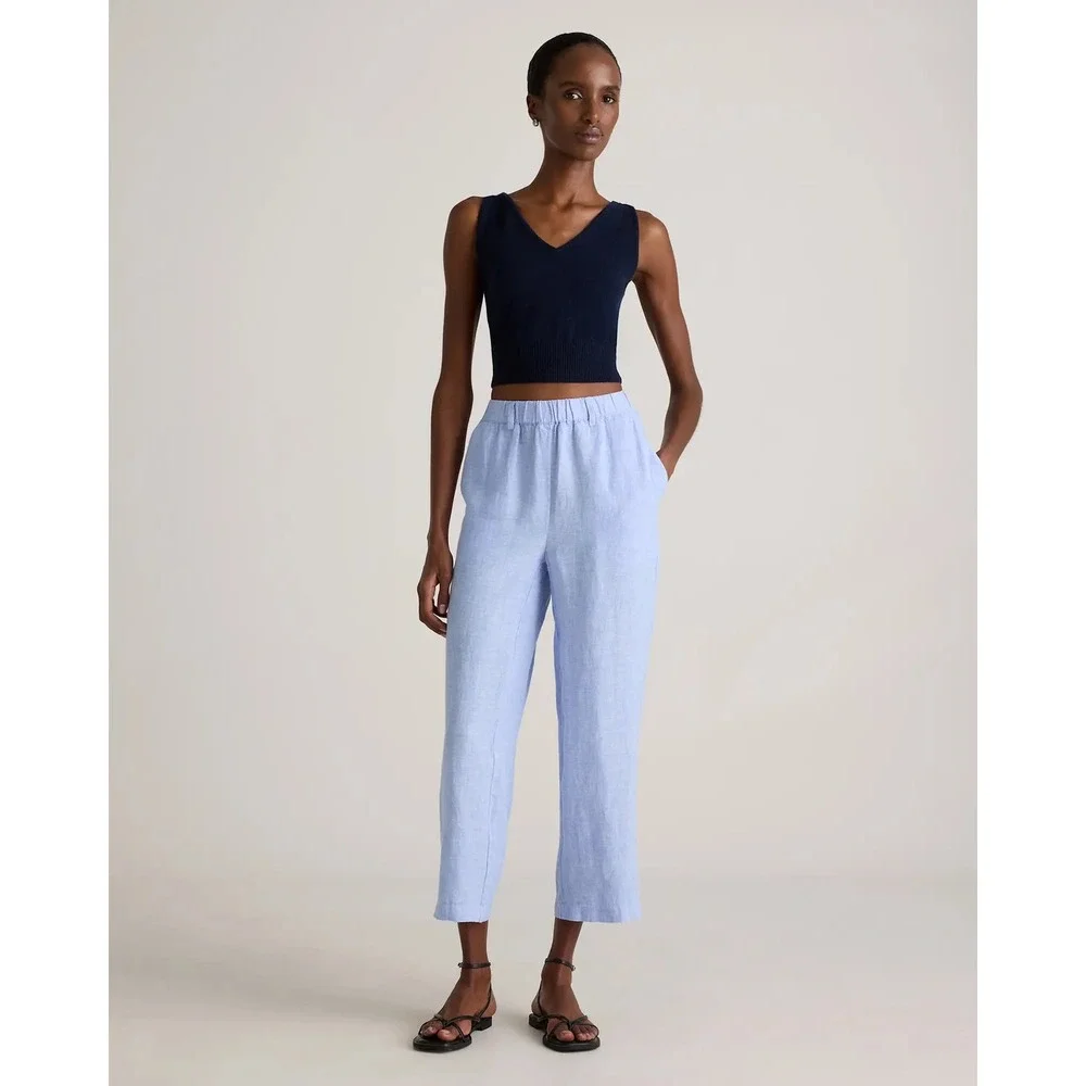 Quince 100% European Linen Pants French Blue Straight Leg Elastic Waist Large